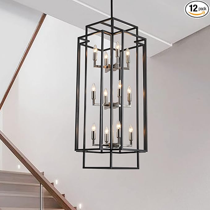 12 Lights Pendant Light, Metal Lantern Island Light, Vintage Black Ceiling Light, Industrial Tiered Hanging Light Fixture, Farmhouse Chandeliers for Dining Room, Living Room, Kitchen