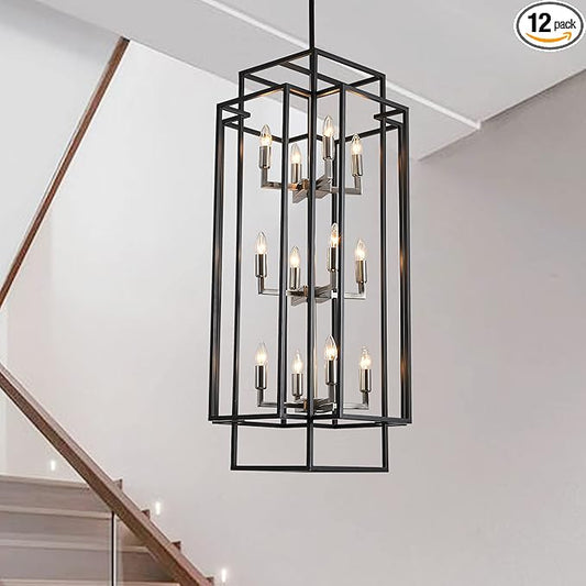 12 Lights Pendant Light, Metal Lantern Island Light, Vintage Black Ceiling Light, Industrial Tiered Hanging Light Fixture, Farmhouse Chandeliers for Dining Room, Living Room, Kitchen