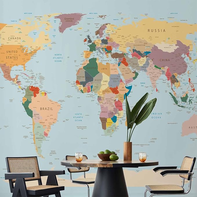 artgeist Premium Wall Mural World Map 138x101 in - XXL Non-Woven Wallpaper Fleece Wall Decor Photo Print Picture Image Design Home Map of The World k-B-0001-a-c