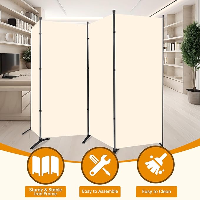 4 Panel Folding Privacy Screens, 6 FT Tall Wall Divider with Metal Frame, Freestanding Room Divider for Office Bedroom Study (4 Panel, Beige)