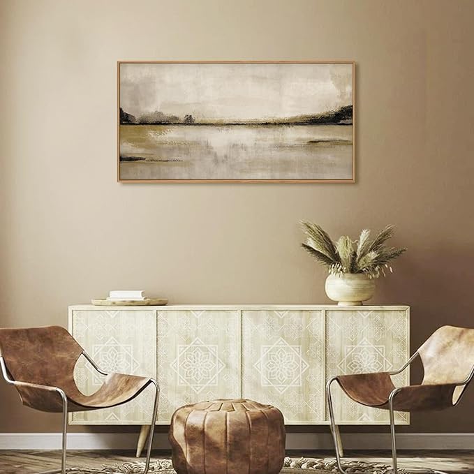 KAIRNE Large Abstract Mountain Lake Wall Art Set, Neutral Textured Canvas Wall Decor, Framed Nordic Tan Wall Painting, Nature Landscape Art Print for Bedroom, Living Room, Office - 20"x40"