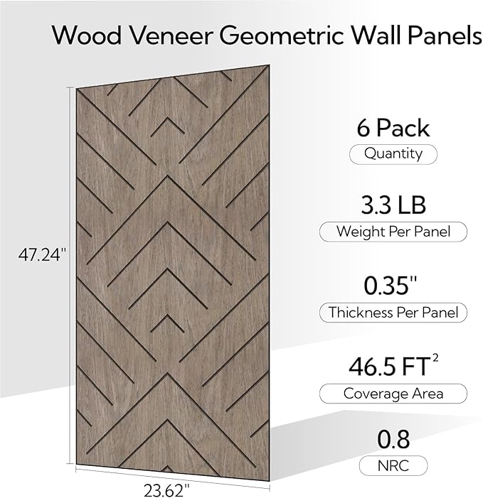 Olanglab Wood Veneer Wall Panels 6 Pack, 24‘’X48‘’ Sound Absorbing Panels for Noise Reduction, Geometric Triangle