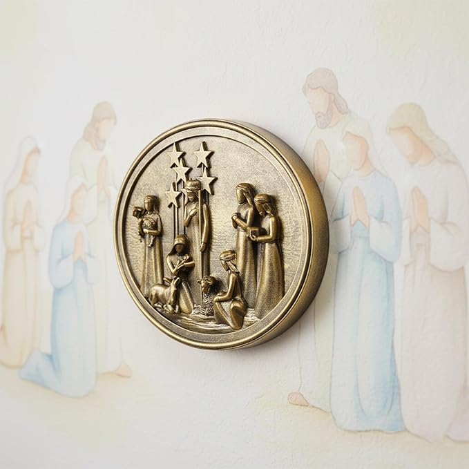 Christmas Vintage Wall Decor with 3D Resin Nativity Scene, Oval Antique Wall Sculpture Framed Christmas Manger Nativity Set for Bedroom Living Room Hallway