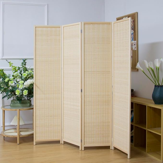 4 Panel Room Divider Screen, 5.6 FT Tall Bamboo Folding Privacy Screen, Freestanding Room Separator, Beige