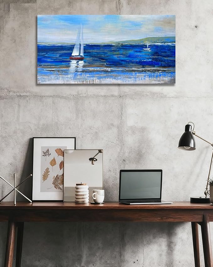 Ardemy Blue Abstract Canvas Wall Art for Living Room Sailboat Large Wall Decor Painting Picture Bedroom Textured Nautical Navy Blue Seascape Artwork Art for Home Office, 40"x20"