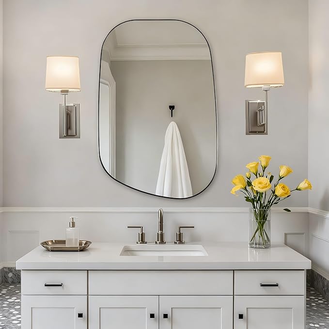 ANDY STAR Brushed Nickel Mirror, 24"x32" Silver Asymmetrical Wall Mirror for Bathroom, Unique Irregular Design with SUS304 Stainless Steel Metal Frame, Ideal for Bathroom, Bedroom, Entryway