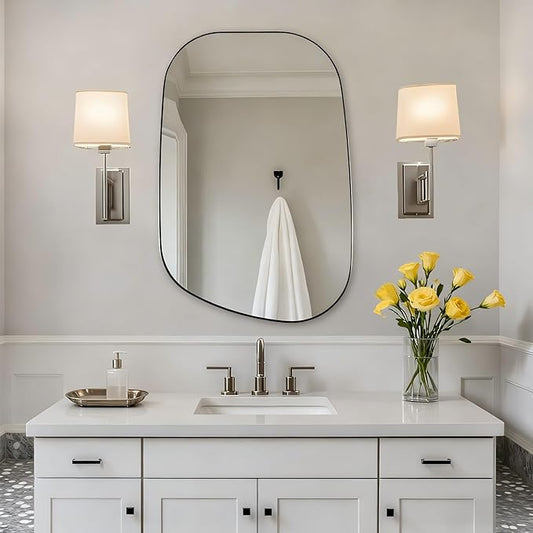 ANDY STAR Brushed Nickel Mirror, 24"x32" Silver Asymmetrical Wall Mirror for Bathroom, Unique Irregular Design with SUS304 Stainless Steel Metal Frame, Ideal for Bathroom, Bedroom, Entryway