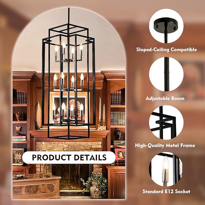 12 Lights Pendant Light, Metal Lantern Island Light, Vintage Black Ceiling Light, Industrial Tiered Hanging Light Fixture, Farmhouse Chandeliers for Dining Room, Living Room, Kitchen
