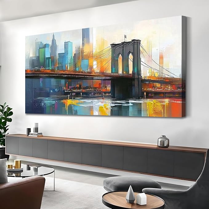 Arjun Cityscape Wall Art New York City Canvas for Living Room Painting Brooklyn Bridge Manhattan Bedroom Wall Art for Men Modern Picture Artwork Framed Home Office Wall Decor, Extra Large 58"x29"