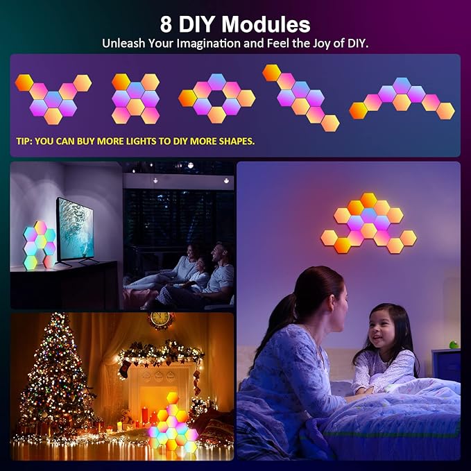 OJQ 8 Pack Hexagon Lights Wall RGB Panel - Hexagonal Led Lights Room Decor Wall Lights Smart APP Music with Sync Honeycomb Shape Panels Hexagon Gaming Night Lights for Bedroom Children