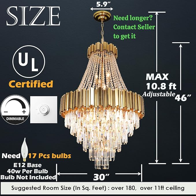 Luxury Gold Crystal Chandelier for High Ceilings, 30" Large Foyer Lighting Fixture with 5-Tier K9 Crystal Cascade, Elegant Entryway Pendant for Two-Story Homes