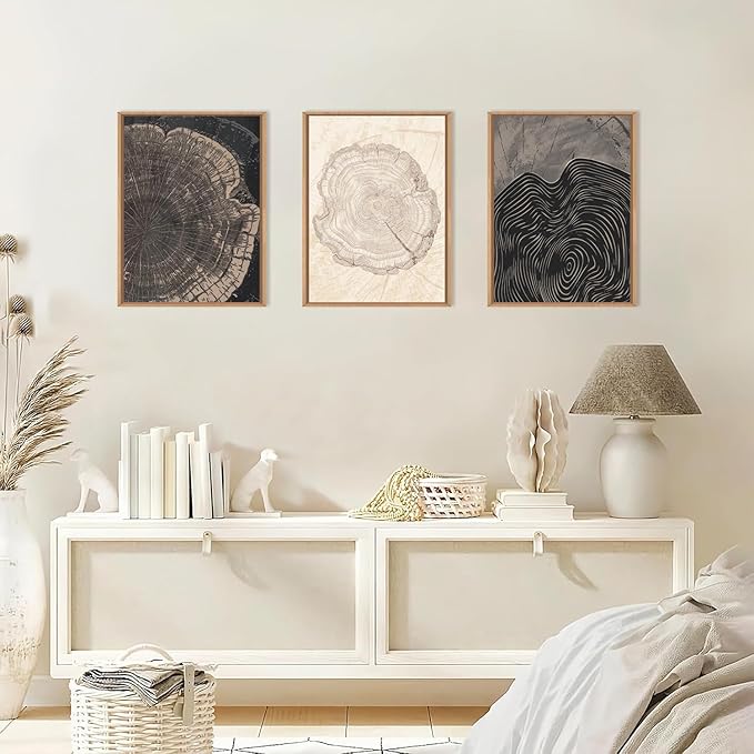 Beige Pastel Wood Tree Rings Framed Canvas Wall Art Set,Modern Nature Grey Wood Stump Wall Decor,Vintage Minimalist Tree Spiral Art Print for Living Room,Bedroom,Dining Room,Office-12 x16 x3