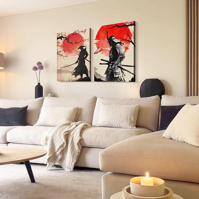 2Pcs Framed Japanese Warrior Canvas Wall Art Samurai Poster Prints Traditional Bushido Artwork Gallery Quality Wall Decor Living Room Bedroom Office Apartment 16X24 Inch Ready to Hang