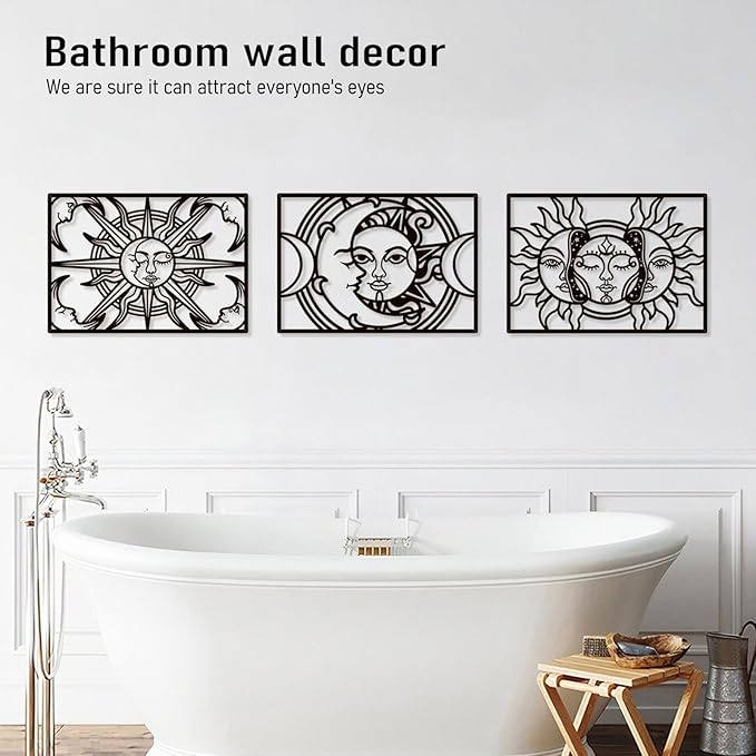 Bakovity Black Metal Wall Decor, Black Abstract Wall Art, Moon Line Art Décor, 3D Sculptures, Large Bohemian Aesthetic Black and White Wall Art for Bedroom Bathroom Living Room (3 Pcs, 17 x 12 in)