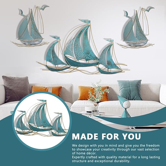 3 PCS Metal Wall Art, Large Metal Sailboat Wall Decor, Modern Home Wall Sculpture for Office, Bedroom, Living Room, Dining Room