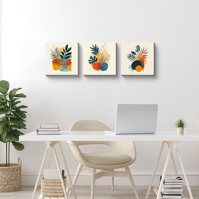 NAN Wind 3Pcs Tropical Leaf Wall Art Palm Frond and Foliage Canvas Print with Bold Orange Teal Yellow Shapes Mid-Century Modern Botanical Plant Pictures for Boho Living Room Bedroom Office Wall Decor