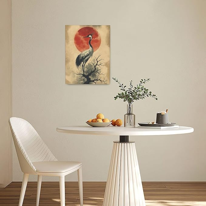Japanese Crane Wall Art Oriental Asian Wall Decor Sandhill Crane Canvas Pictures Paintings Prints Japan Traditional Aesthetic Artwork Framed Chinese Decorations For Bedroom Living Room Office Gifts 12" x 16"