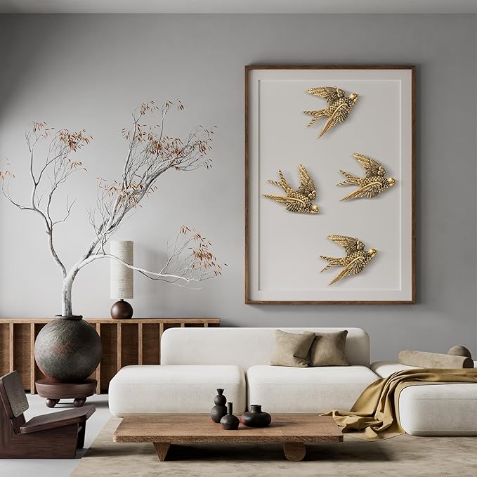 2 Pcs Vintage Bird Wall Sculpture Decor Art 4.7 Inch Antique 3D Sculpted Hanging Bird Resin Wall Art Golden Brass Rustic Floating Ornament for Halloween Living Room Garden Indoor, Gift for Christmas
