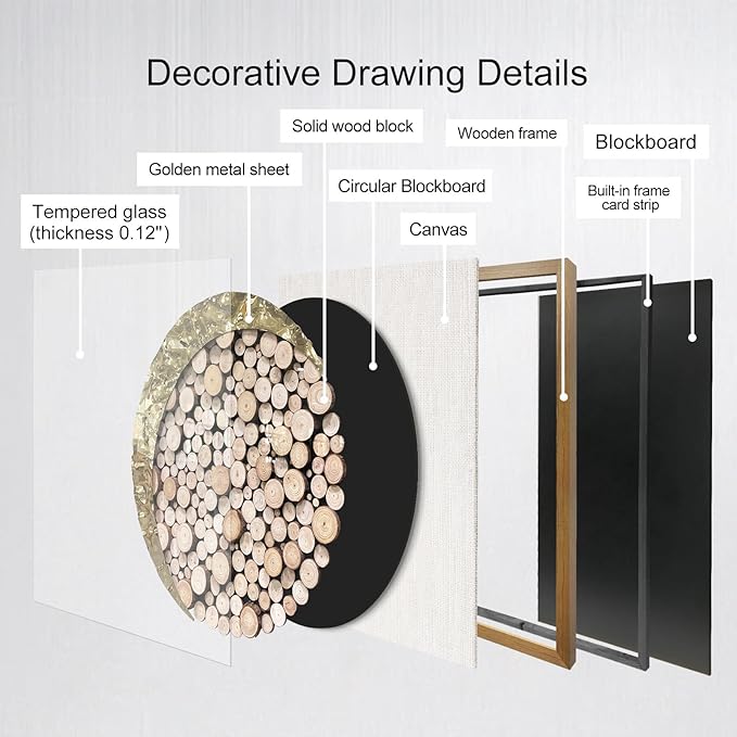 BrightA 3D Square Framed Nature Art - Gold Patina Metal Meets Circular Solid Wood Block Texture, Minimalist Contrast Wall Decor for Calming Spaces 43.3"x43.3"