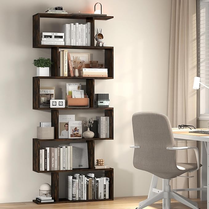 6 Tier Geometric Bookcase, S Shaped Bookshelf, Book Shelf Room Divider, Wood Freestanding Display Shelves, 75 Inch Staggered Bookshelf for Bedroom Living Room (1, Rustic Brown)