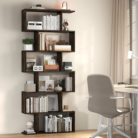 6 Tier Geometric Bookcase, S Shaped Bookshelf, Book Shelf Room Divider, Wood Freestanding Display Shelves, 75 Inch Staggered Bookshelf for Bedroom Living Room (1, Rustic Brown)