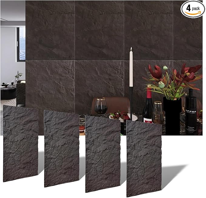 Modern 3D Wall Panels - Faux Stone Look, Waterproof PU Wainscoting for Interior Wall Decor - 4 Pack, 43.31 x 23.62 inches (Color Black Stone)