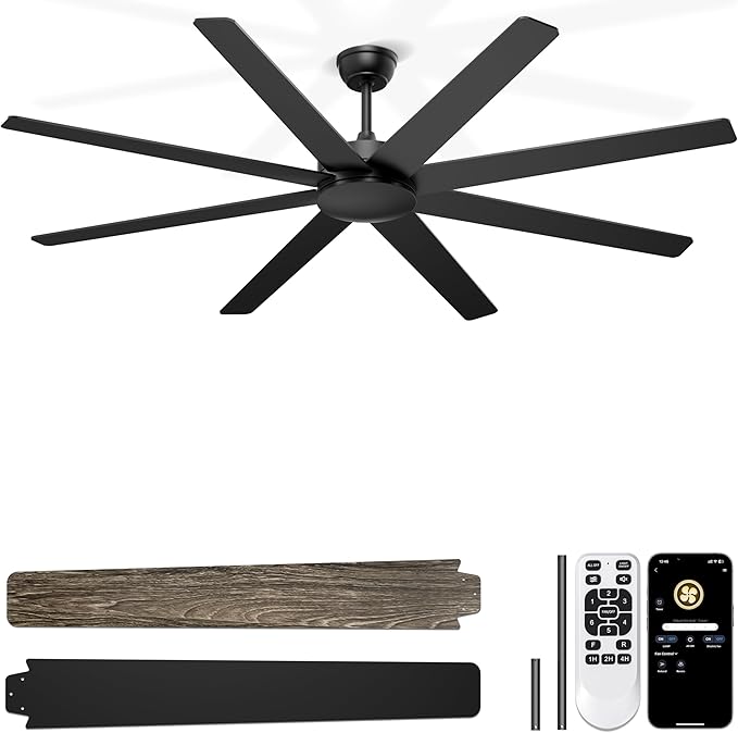 72'' Large Ceiling Fans No Lights, Modern Black Ceiling Fan Remote/APP Control, Quiet DC Motor Big Ceiling Fan for Shop Garage Covered Outdoor Patios