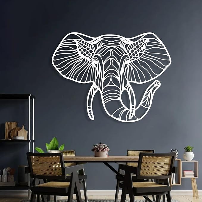Cadeali Elephant Metal Wall Art, Animal Head Decor, Large Modern Animal Art, Wildlife Lover Gift for Living Room (White, 30"x22" | 76x57 cm)