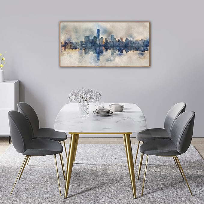 NYC Framed Canvas Wall Art Abstract Painting Wall Decor Indigo Blue Gray Panoramic Art Print New York Skyline Reflection Pictures Artwork Modern City Landscape Living Room Bedroom Decoration 20" x 40"