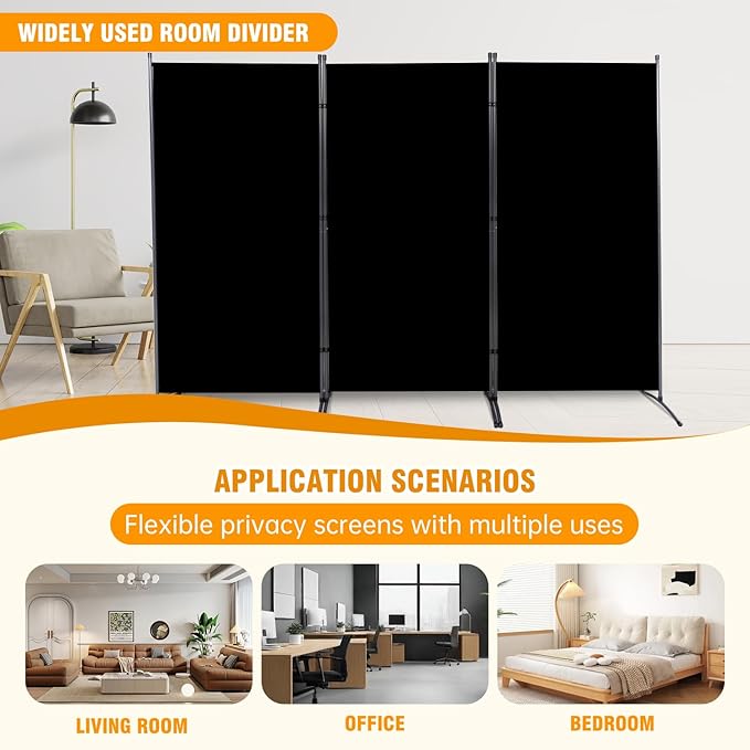 3 Panel Folding Privacy Screens, 6 FT Tall Wall Divider with Metal Frame, Freestanding Room Divider for Office Bedroom Study (3 Panel, Black)