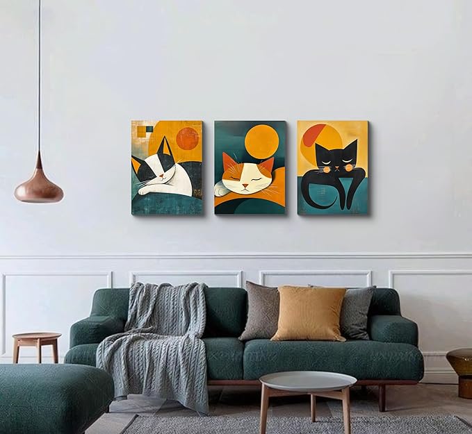 NAN Wind 3PCS 16L x 12W Cat Wall Art Canvas Print Sleeping Cat Tabby Mid Century Modern Geometric Animal Decor Minimalist Teal and Orange Retro Style Artwork for Bedroom Living Room Pet Lovers