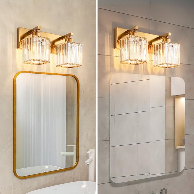 Modern Bathroom Vanity Light 2-Lights Gold Crystal Bathroom Wall Light Vanity Light Fixtures，12.59-inch Modern Minimalist Design