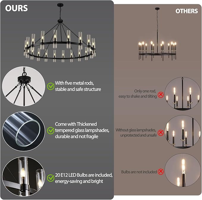 Black Wagon Wheel Chandelier, 60 Inch Chandeliers with Glass Shade, 20-Light Large Chandelier for High Ceiling, Modern Farmhouse Chandeliers for Living Room, Dining Room, and Entryway(Bulbs Included)
