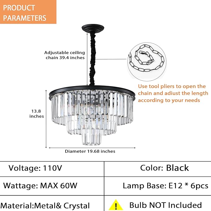 Black Modern Crystal Chandelier Lighting K9 Crystal Round Chandelier Hanging Ceiling Light Fixture 3-Tier Contemporary Crystal Pendant Light for Dining Room Living Room Bedroom 21.68inch
