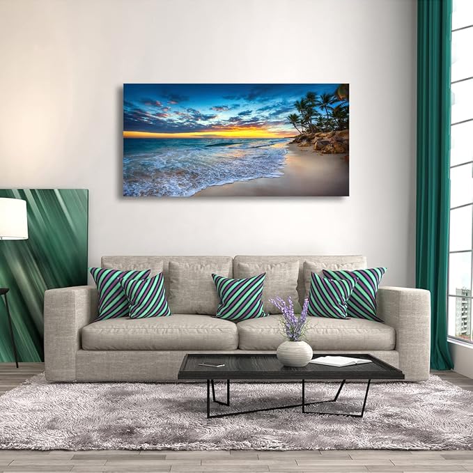 Beach Sunset Pictures Canvas Wall Art For Living Room Bedroom Wall Decor,Sunset Wall Art Print Paitnings for Home Decor,Morden Artwork Palm Coconut Tree Canvas Art Ready to Hang-20X40Inches