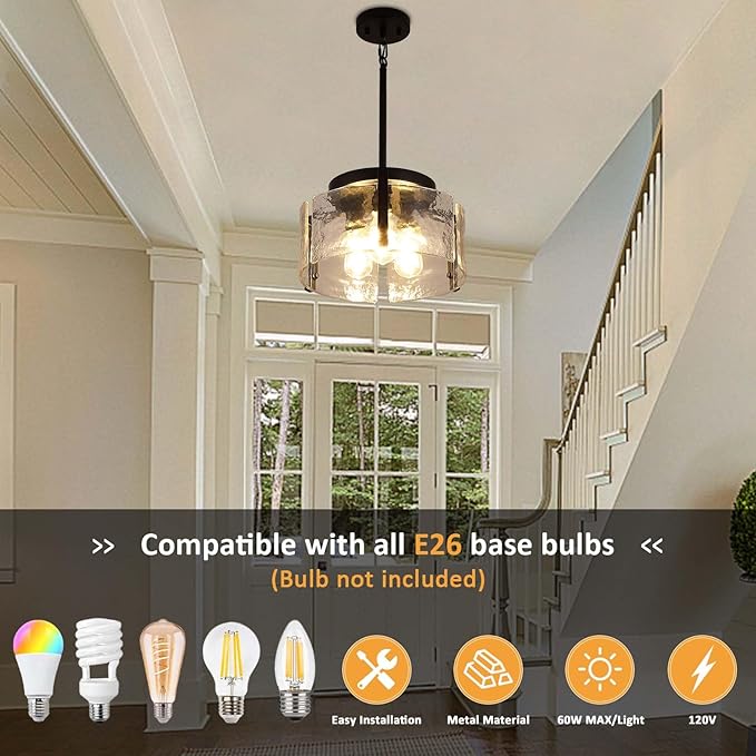 Black Chandeliers for Dining Room Light Fixture, Foyer Lighting Fixtures Pendant Lights Kitchen Island, Adjustable Glass Modern Farmhouse Chandelier for Entryway, Bedroom, Bathroom, Foyer, Living Room
