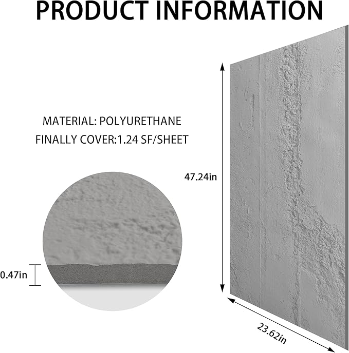 KASARO PU 3D Wall Panels Cement Texture, 4 Pieces Wainscoting Panel Accent for Interior Wall Decor, Waterproof Wall Covering, 47.24 × 23.62 inch