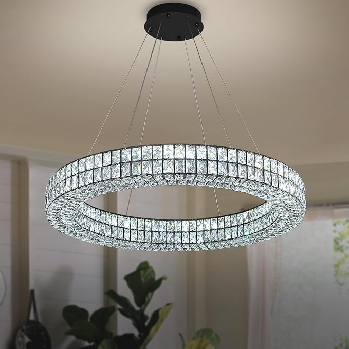 47.5 inch Large Black Chandelier Round Crystal Chandelier Light for High Ceiling Ring Pendant Hanging Ceiling Light Led Dimmable 2700k-6000k