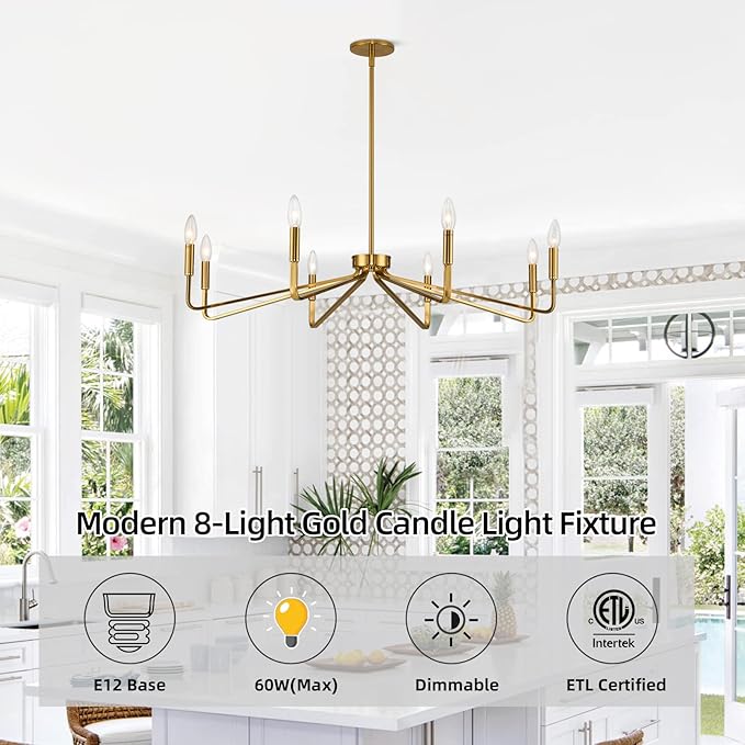 38" Gold Chandeliers for Dining Room, 8-Light Modern Farmhouse Chandelier Light Fixture, Brushed Brass Industrial Candle Lighting Hanging Ceiling for Living Room Bar Kitchen Island Lights