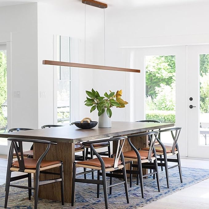 71" Wood Linear Pendant Light Modern LED Dimmable Ceiling Hanging Light Fixtures Wood Linear Chandeliers 40w for Dining Room Kitchen Island Pool Table Bar Walnut Color