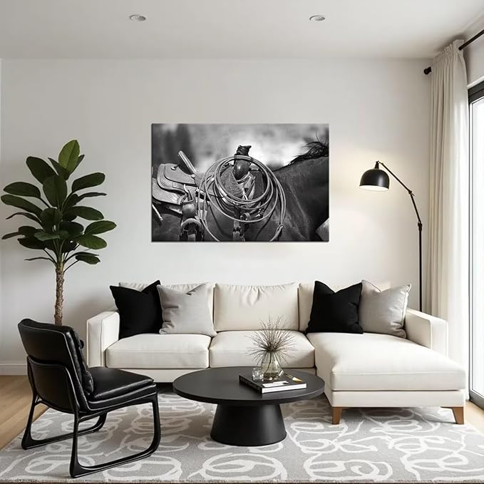 American West Rodeo Cowboy Wall Art Painting Saddle and Rope Picture on Canvas Artwork for Bedroom Living Room Office Home Decortion Prints Framed(28L" x 44W")
