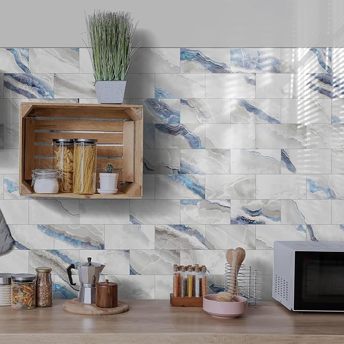 16-Pack Peel and Stick Marble Wall Tiles, Waterproof 4" x 8" Glossy Imitation Ice Blue Marble, PVC Shower Panels for Kitchen, Bathroom, and Fireplace