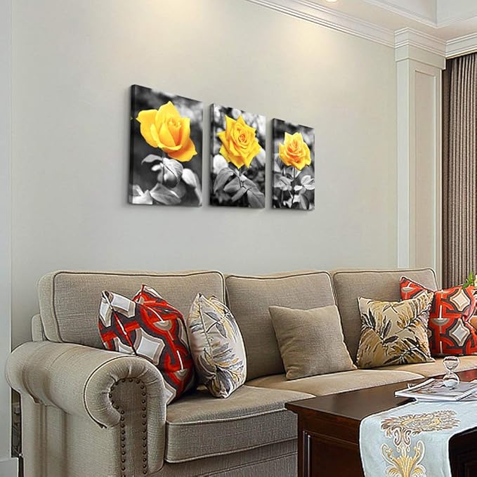 Canvas Wall Art For Bedroom Living Room Bathroom Wall Decor For Kitchen Wall Pictures Artwork Black And White Yellow Rose Flowers Paintings 12" X 16" 3 Pieces Framed Modern Office Home Decorations
