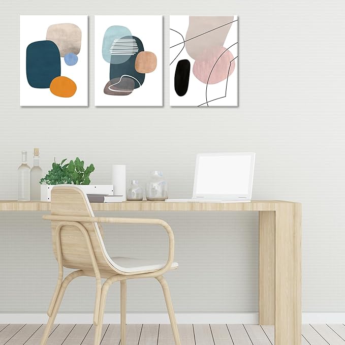 ouiytws Abstract Wall Art Set of 3 – Mid Century Modern Geometric Canvas Prints, Minimalist Teal Orange Beige Artwork for Living Room, Bedroom, Office, Bathroom Wall Décor，Frame 12x16in