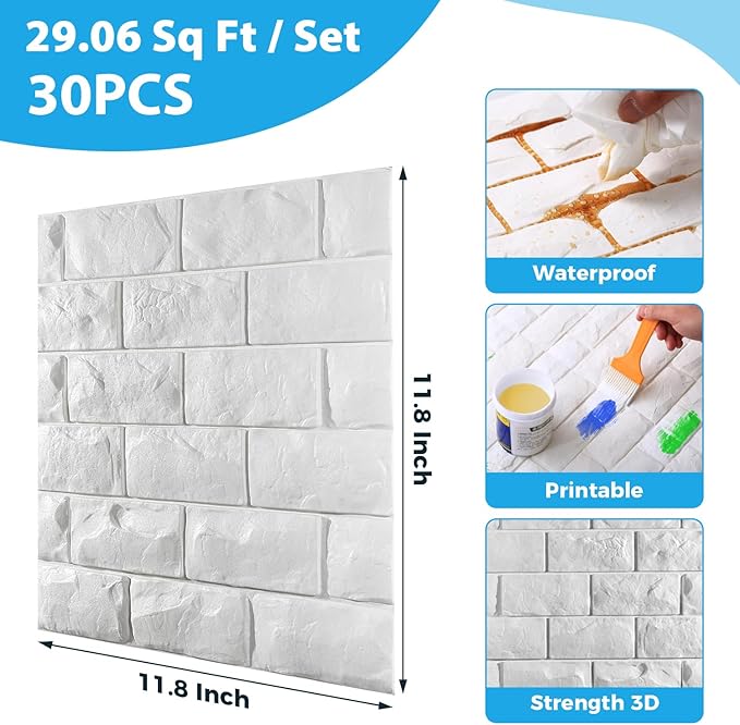 30 Pcs 3D Wall Panels, White Brick Printable 3D Wallpaper Stick and Peel, Self Adhesive Waterproof Foam Faux Brick Paneling for Bedroom, Bathroom, Kitchen, Fireplace (29.06 sq feet Coverage)
