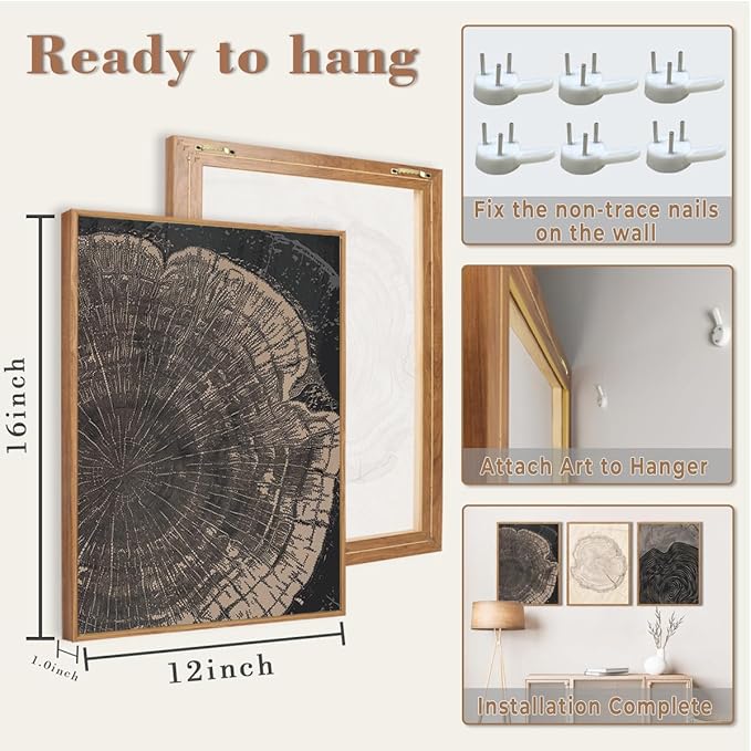 Beige Pastel Wood Tree Rings Framed Canvas Wall Art Set,Modern Nature Grey Wood Stump Wall Decor,Vintage Minimalist Tree Spiral Art Print for Living Room,Bedroom,Dining Room,Office-12 x16 x3