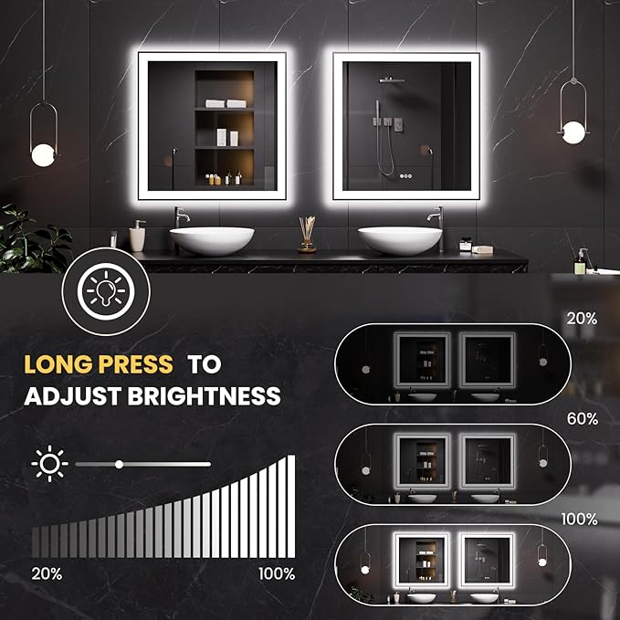 LOAAO 38"X38" LED Bathroom Mirror Black Framed, Anti-Fog, Dimmable, Lighted Bathroom Vanity Mirror for Wall, Memory Function, Tempered Glass