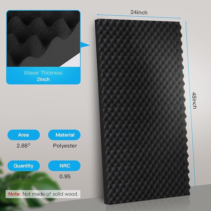 4 Pack Acoustic Panels, 48x24x2” Soundproof Foam Wall Panels High Density Noise Canceling Studio Foam Wall Panels for Home Office (Black)