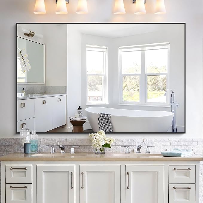 KOCUUY Black Bathroom Mirror, 55x36 Inch Large Wall Mirror with Aluminum Frame, Black Rectangle Mirror Modern Home Decor for Bathroom, Living Room, Farmhouse, Entryway, Hang Horizontal/Vertical