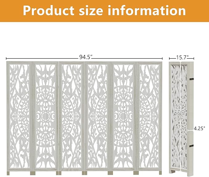 Casaphoria 6 Panels Room Divider, Folding Screen Room Divider with Carved Floral Pattern for Home Office, Restaurant and Bedroom, Paulownia Wood, 95" W x 67" H (White)